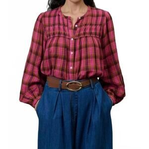 NEW LOUISE MISHA plaid button down blouse in fuchsia/ chocolate